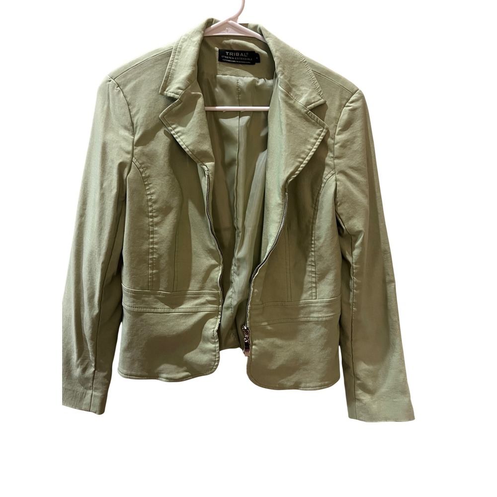 Tribal Sage Green Zip Front Stretch Blazer Jacket Womens Size 4 203011 Lined